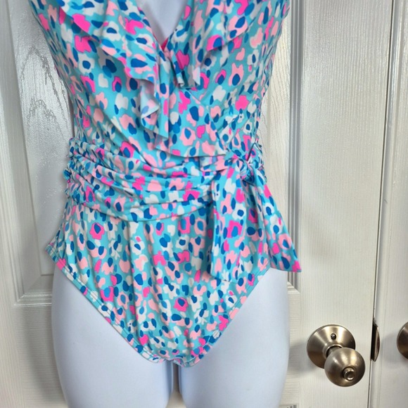 Lilly Pulitzer Delphie one-piece blue pink leopard spot print swimsuit womens 2 - Picture 5 of 13
